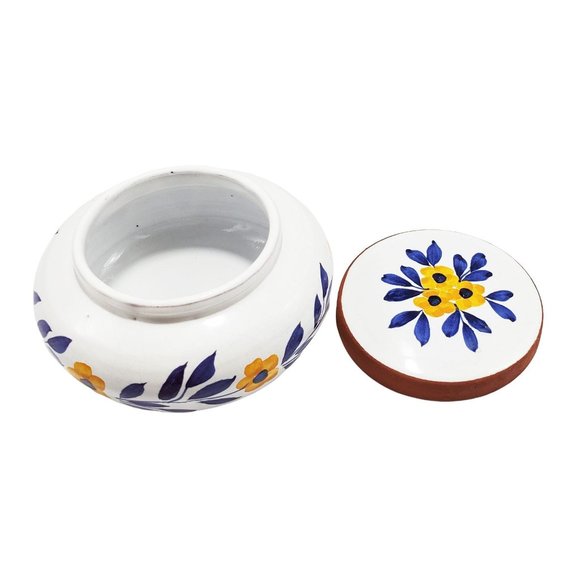 VTG Hand Painted Redware Round Trinket Box Portugal White Blue Yellow Signed - Picture 3 of 5